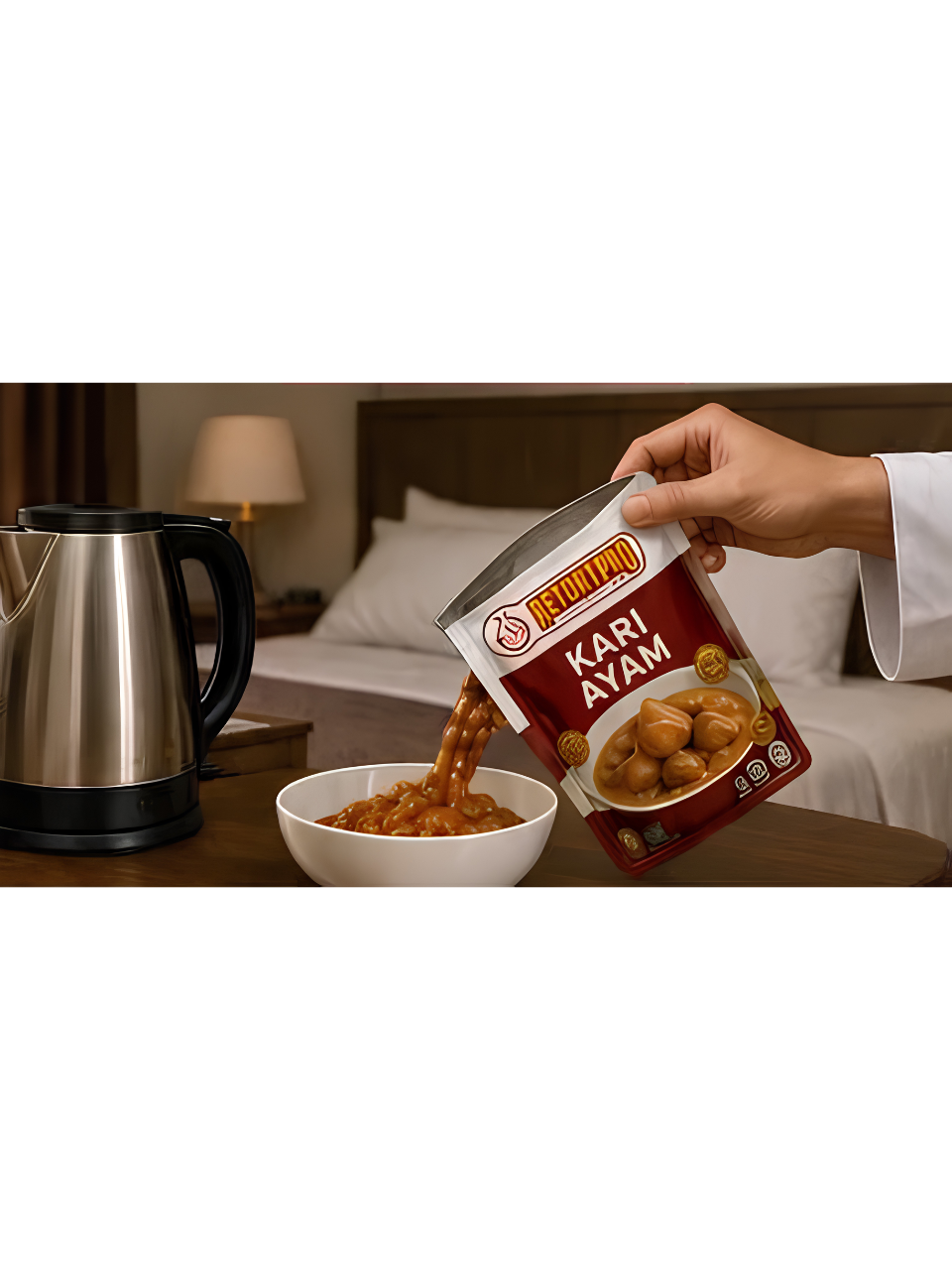 Pouch retort kari ayam di bilik hotel