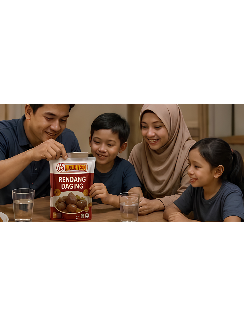 Keluarga makan rendang daging pouch retort